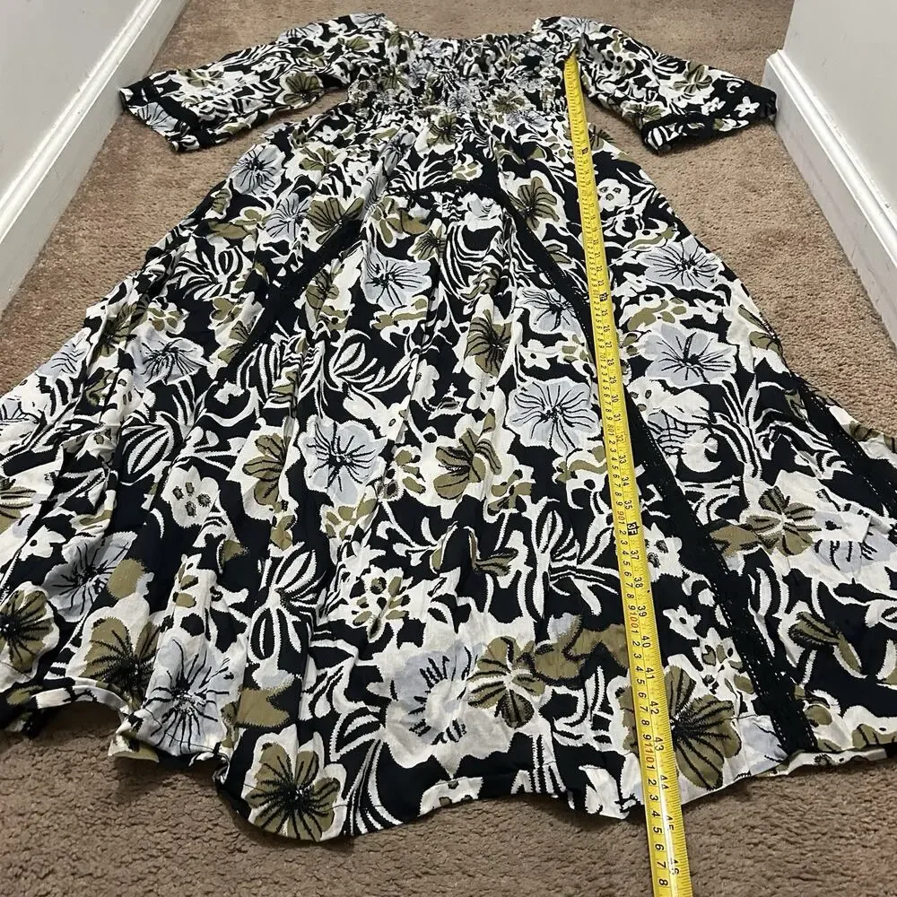 Free People Printed Dixie V Neck 3/4 Sleeve Maxi Dress Size Medium Boho